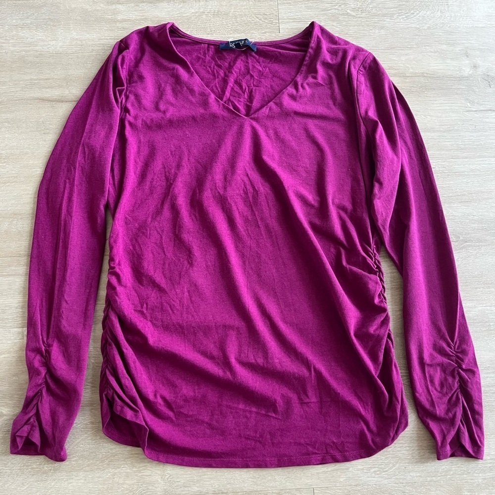 Rachel Roy Long Sleeve Purple Pink Cotton Ruched Top SZ XL